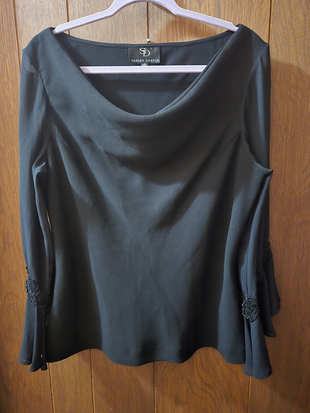 Sandra Darren Black Cowl Neck Long-Sleeve Blouse with Lace Accents